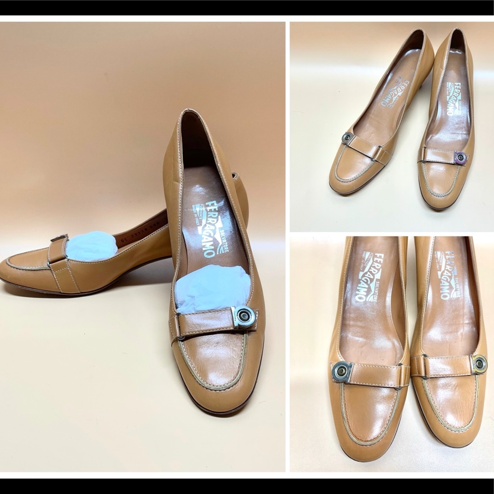 Ferragamo Brown Leather shoes Low 2” Heels Size 7 light brown